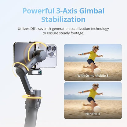 DJI Osmo Mobile 8 Gimbal Stabilizer for Phone, Native Tracking with Audio & Lighting, 360° Pan Rotation, Extension Rod & Tripod, Robust 3-Axis Stabilization + Wireless Mic Set + Charger + Wall Charger