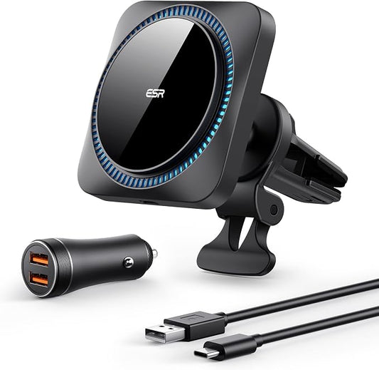ESR for MagSafe Car Mount Charger with CryoBoost, Magnetic Wireless Car Charger, for MagSafe Car Charging, for iPhone 17e/17/16/15/14/13/12, S26/S25, Fast Phone Cooling Charging Set,36W QC 3.0 Adapter