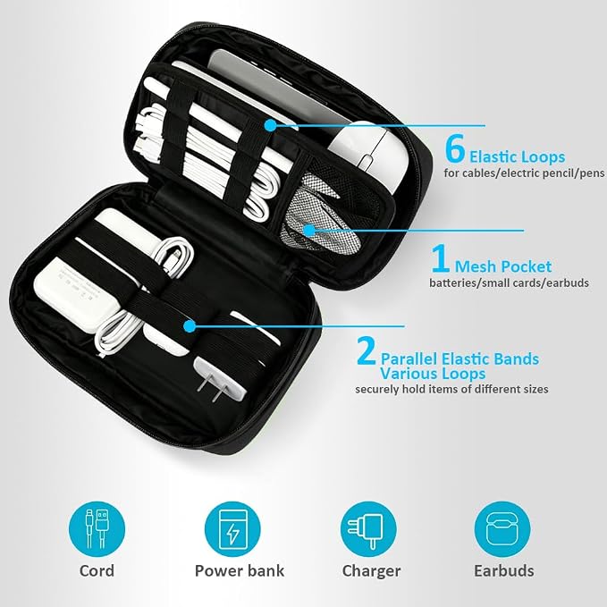 GOX Cable Organizer Travel Bag, Water Resistant Electronic Accessories Case, All-in-One Tech Storage Pouch for Chargers, Cords, Batteries,Phone, Hard Drive & Power Bank, Black