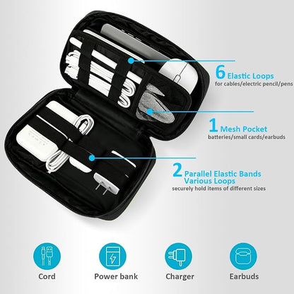 GOX Cable Organizer Travel Bag, Water Resistant Electronic Accessories Case, All-in-One Tech Storage Pouch for Chargers, Cords, Batteries,Phone, Hard Drive & Power Bank, Black