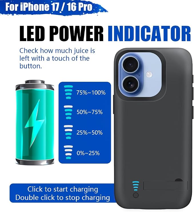 Battery Case for iPhone 17 / iPhone 16 Pro, 5000mAh Rechargeable Extended Battery Charging/Charger Case, Add 100% Extra Juice (6.3 Inches) Black