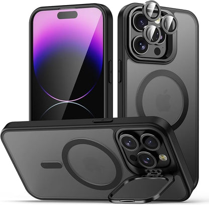 for iPhone 14 Pro Max Case, Compatible with MagSafe, Built-in Camera Ring Stand, with Individual Camera Cover, Translucent Matte Military-Grade Drop Protection Magnetic Case, Black