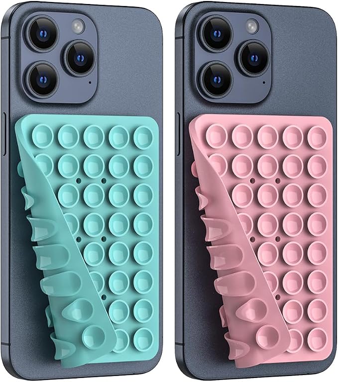 Double Sided Silicone Suction Phone Holder Mount, Silicon Accessory for iPhone and Android, Hands-Free Mirror Shower Phone Holder, TikTok Videos and Selfies (Light Blue+Sand Pink)