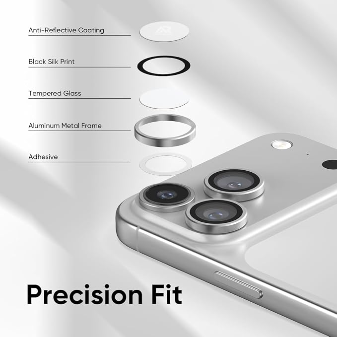 FLOLAB NanoArmour Anti-Reflective for iPhone 17 Pro Max/iPhone 17 Pro Camera Lens Protector - Durable Tempered Glass with Aluminum Ring, TruColors, Ultra Clear, Easy Install - Silver