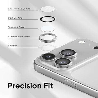 FLOLAB NanoArmour Anti-Reflective for iPhone 17 Pro Max/iPhone 17 Pro Camera Lens Protector - Durable Tempered Glass with Aluminum Ring, TruColors, Ultra Clear, Easy Install - Silver