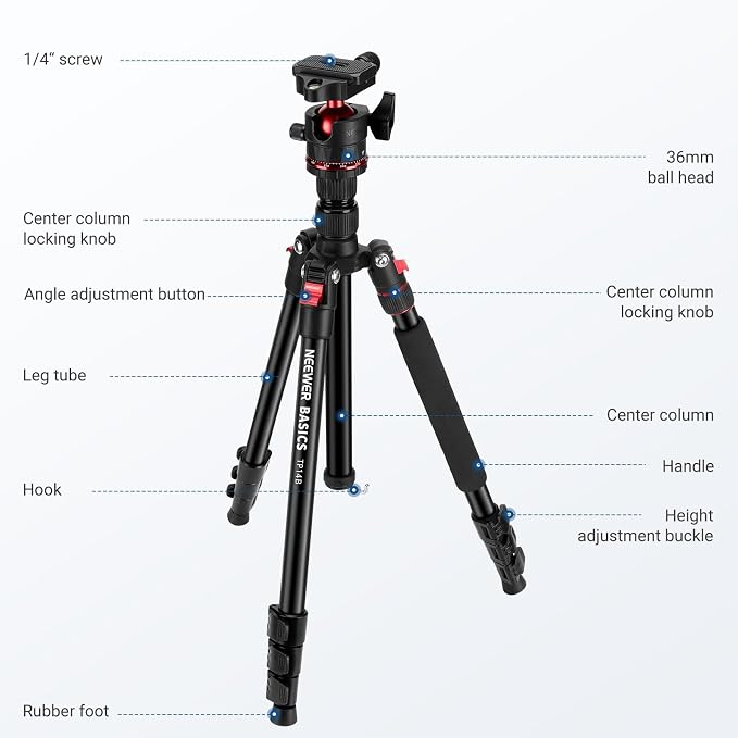NEEWER Basics 72" / 182 cm Travel Tripod Monopod for Camera, Compact Lightweight Portable Video Recording Stand, Arca Type Ball Head, Cell Phone Holder Compatible with iPhone, Max Load 13.2 lb, TP14B