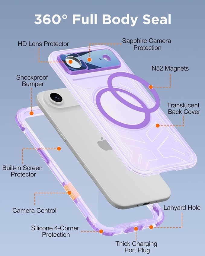 for iPhone Air Waterproof Case with Magsafe, Built-in [Camera & Screen Protector] [Lanyard], IP68 Water Proof Full Body Dustproof Heavy Duty Frosted Protective Phone Cover, 6.7" Purple