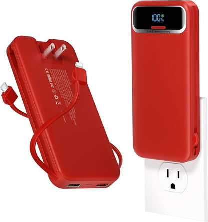 12000mAh Lightweight-Portable-Charger-Power-Bank with Built-in Cables and AC Wall Plug, PD20W USB-C Fast Charging Battery Pack, LED Display External Travel Phone Charger for All iPhone,Samsung,Android