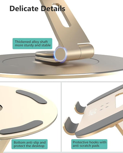 Ultra-Stable Aluminumy Laptop Stand for Desk with Foldable Phone Holder, 300% Large Base Stability, Anti-Loosening, Lectern Stand Suitable for 10"-17.3" Laptops, Champagne Golden