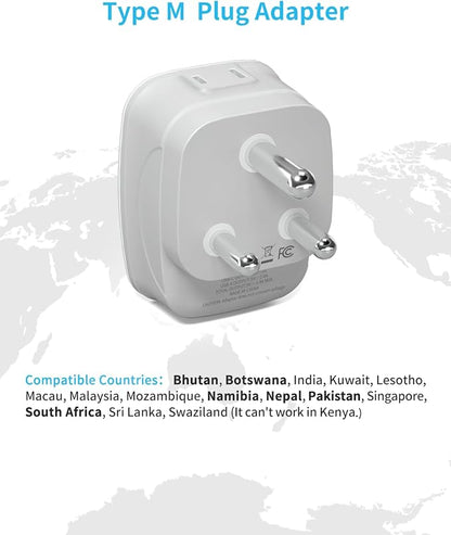 2 Pack South Africa Plug Adapter, VINTAR Type M Plug Adapter with 1 USB C, 3 USB Ports and 2 American Outlets, 6 in 1 Travel Adapter for US to Botswana, Namibia, Nepal