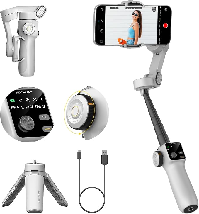 AOCHUAN Gimbal Stabilizer for iPhone & Android, 3-Axis Phone Gimbal with OLED Screen, 7.8" Extendable Rod, Face & Gesture Tracking, Ideal for Vlogging, Travel & Video Recording-Smart V8 White
