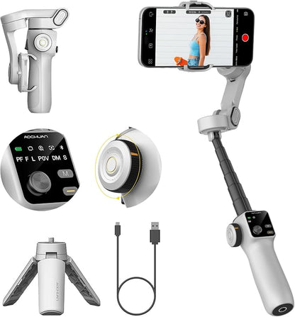 AOCHUAN Gimbal Stabilizer for iPhone & Android, 3-Axis Phone Gimbal with OLED Screen, 7.8" Extendable Rod, Face & Gesture Tracking, Ideal for Vlogging, Travel & Video Recording-Smart V8 White