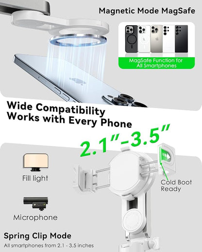 CloudValley Magnetic 4-in-1 Multifunctional Selfie Stick Tripod, Mini Portable Pocket Phone Stand with Detachable Remote, Compatible with MagSafe, for iPhone/Android, Travel Vlog, Live Stream, White
