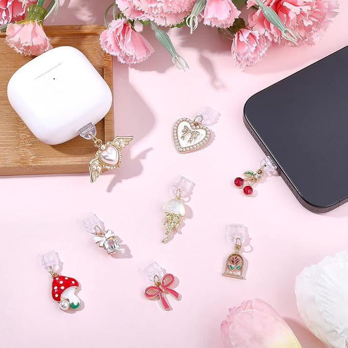 8Pcs 8 Styles Charms for Kindle Heart Bow Mushroom Cherry Flower Dust Plug Charm Compatible with Kindle E-Reader Phone Type C Charging Ports Gift for Book Lover Readers Men Women
