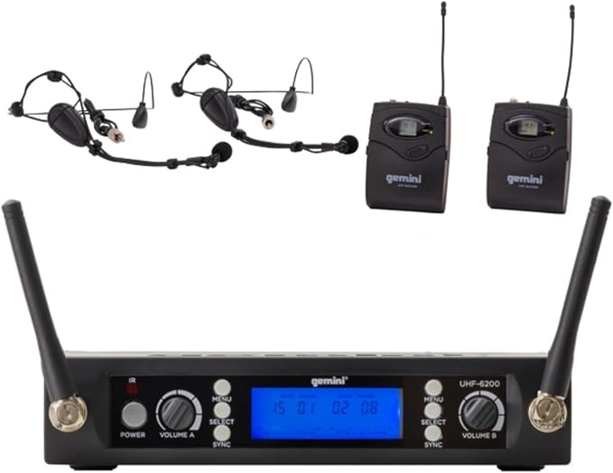 Gemini Sound UHF-6200HL Wireless Mic System – UHF Receiver with 256 Selectable Frequencies, Dual Headset & Lavalier Mics, 240ft Range, LCD Display, Noise-Free Audio for Performers & Instructors