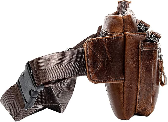 Hebetag Leather Waist Bag Fanny Pack for Men Women Travel Outdoor Sports Hiking Running Hip Bum Belt Slim Cell Phone Purse Wallet Thigh Pouch (Brown)