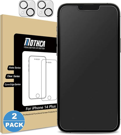 Mothca 2 Pack Matte Glass Screen Protector for iPhone 14 Plus with 2 Pack Camera Lens Tempered Glass Protector, Anti-Glare & Anti-Fingerprint Tempered Glass Film