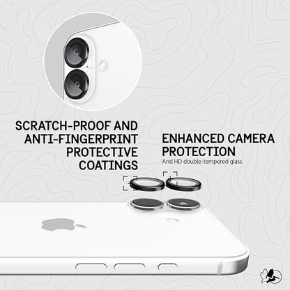 Pelican Camera Lens Protector with Aluminum Rings for iPhone 16 / iPhone 16 Plus - 9H Tempered Glass - Durable Anti-Scratch, Anti-Shatter, HD View w/Night Shoot, Case Friendly, Easy Install - Black