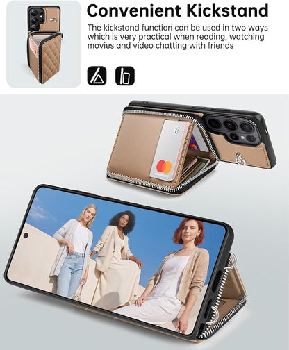 OCASE Compatible with Samsung Galaxy S26 Ultra Crossbody Wallet Case with Card Holder, PU Leather Zipper Handbag Phone Purse with RFID Blocking Kickstand Wrist Strap Lanyard, Khaki