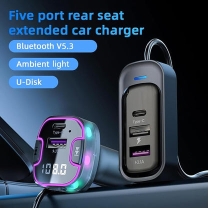 Bluetooth 5.3 Adapter for Car, 5 Ports Wireless FM Radio Transmitter for Car, Radio Bluetooth Receiver, Hands-Free Calling [U Disk &Colorful Ambient Lighting]