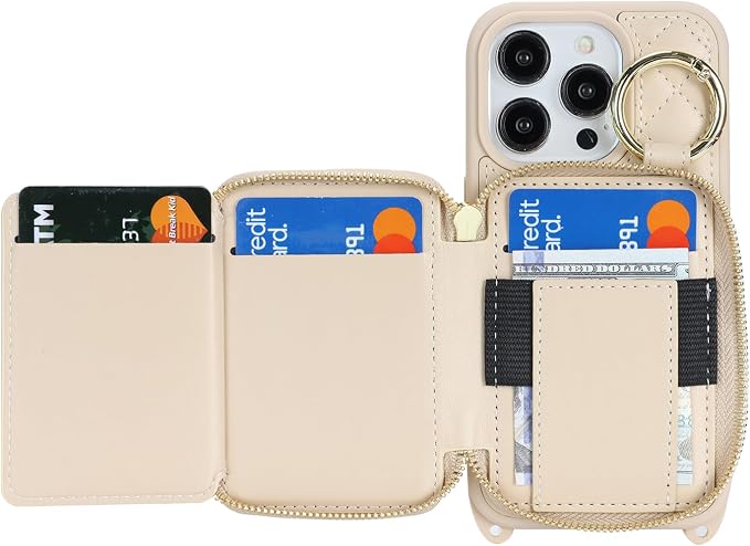 Crossbody Wallet Case for iPhone 14 Pro, PU Leather Zipper Handbag Purse Flip Cover, Kickstand Folio Case with Card Slots Holder Wrist Strap Lanyard 5G 6.1 Inch-White