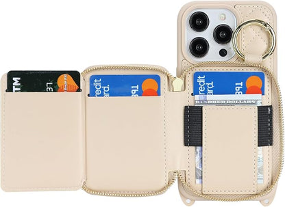 Crossbody Wallet Case for iPhone 14 Pro, PU Leather Zipper Handbag Purse Flip Cover, Kickstand Folio Case with Card Slots Holder Wrist Strap Lanyard 5G 6.1 Inch-White