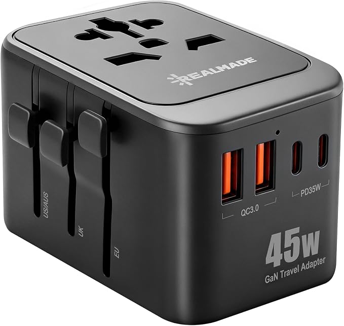 Realmade 45W PD Travel Adapter 5-Port 1AC 2USB-A 2USB-C EU Plug Black Gray | All-in-one international power adapter, travel essential for US EU UK overseas trips