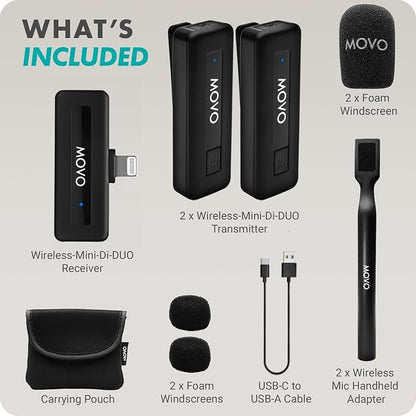 Movo Wireless Mini DI Duo Dual Ultra Compact Wireless Lavalier Microphones for iPhone with Handheld Adapter - Lapel Mic with Handle Mount for Content Creators, Interviews, Reporting and More