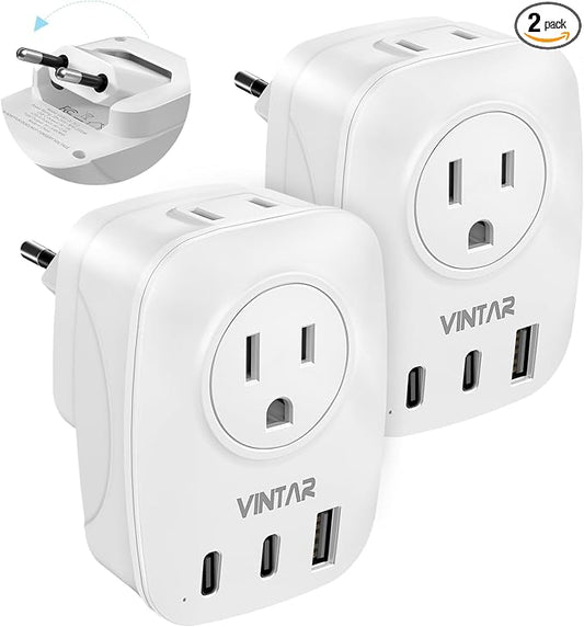 2 Pack European Travel Plug Adapter, VINTAR Foldable International Power Plug with 2 AC Outlets 3 USB Ports(2 USB C), Type C Travel Essentials Charger for US to Most of Europe EU Italy Spain France