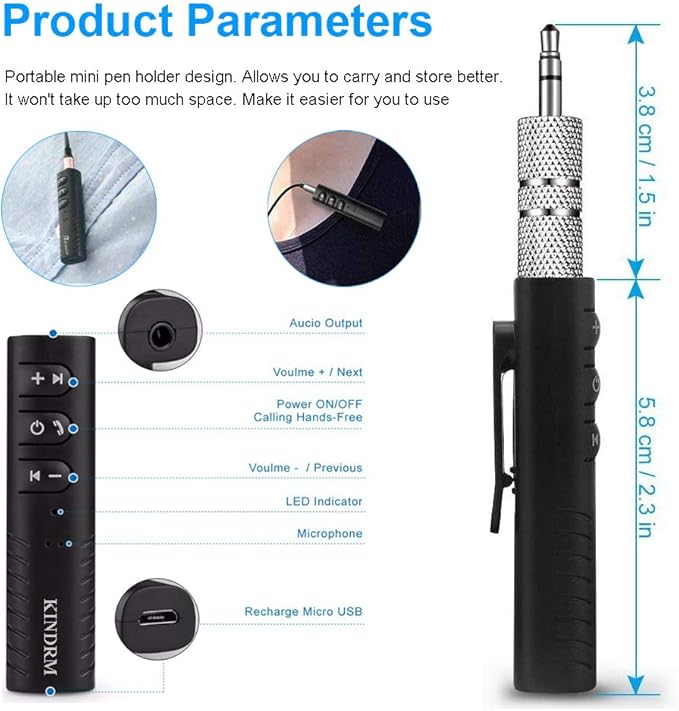 Bluetooth Audio Adapter, Portable Noise Cancelling Bluetooth 5.0 Stereo Receiver, Mini 3.5mm Wireless Aux Adapter for Wired Headphones Car/Home Stereo System, Hands-Free Calling & Music Playing