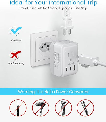 2 Pack Brazil Power Adapter, VINTAR Foldable Type N Plug Adapter with 2 AC Outlets 3 USB Ports (2 USB C), Brazil Outlet Plug for US to Brazilian
