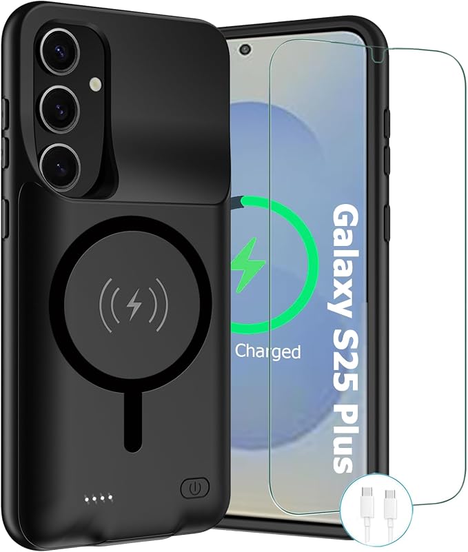 Wireless Charging Case for Galaxy S25 Plus, Upgraded 12000mAh Rechargeable Portable Charging Case Compatible with Galaxy S25 Plus 5G (6.7 inch) with Carplay Extended Battery Pack Charger Case (Black)