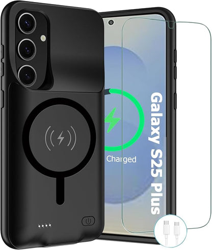 Wireless Charging Case for Galaxy S25 Plus, Upgraded 12000mAh Rechargeable Portable Charging Case Compatible with Galaxy S25 Plus 5G (6.7 inch) with Carplay Extended Battery Pack Charger Case (Black)
