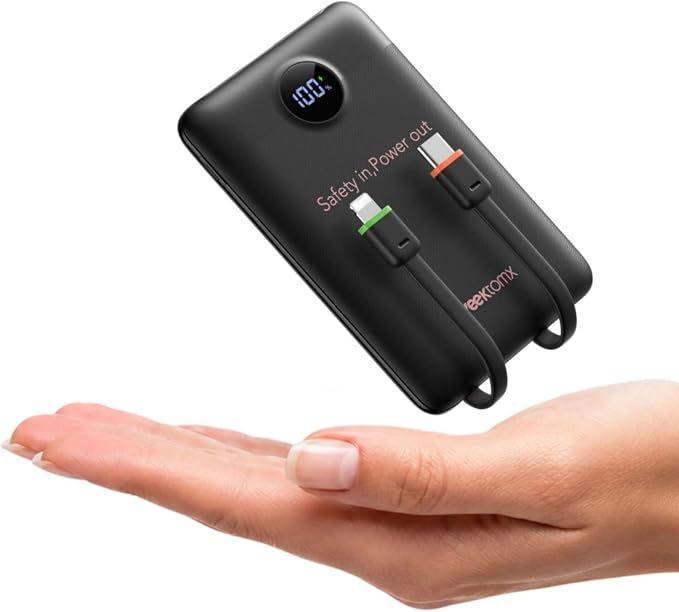 VEEKTOMX Small Portable Charger 10000mAh (Not Magnetic) | Built-in Cables, 22.5W Fast Charging USB-C Battery Pack, TSA Approved Travel Charger for iPhone, Samsung, Android