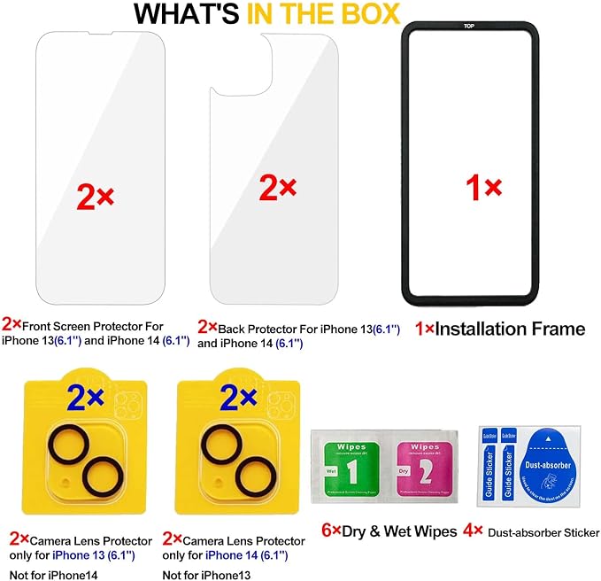 [ 2+2 +2 ] 2 Front + 2 Back for iPhone 13 Glass Screen Protector HD Clear +2 Glass Camera Lens Protector for iPhone 13 (6.1") with Installation Frame,Case friendly