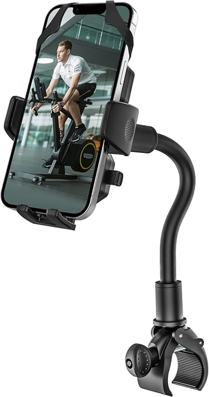 woleyi Gooseneck Spin Bike Phone Mount, Handlebar Clip Cell Phone Holder for Exercise Bicycle, Stationary Cycling, Stroller, Gym Treadmill for iPhone 17 Pro Max Air 16 15 14 13 12 and 4-7" Smartphones