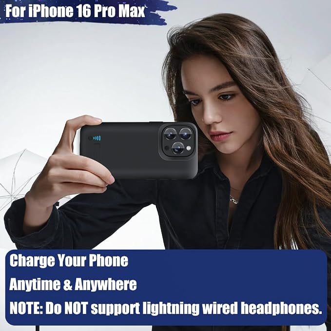 Battery Case for iPhone 16 Pro Max, 6000mAh Rechargeable Extended Battery Charging/Charger Case, Add 100% Extra Juice (6.9 inch) Black