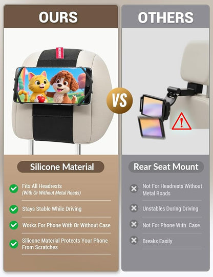 Silicone Car Phone Holder, Adjustable Phone Headrest Mount Compatible with iPhone 17 16 15 14 Pro Max, Samsung Galaxy S25, S25 Ultra and other 3.5 - 7 Inch Cell Phones for Kids in Back Seats - 2 Pack