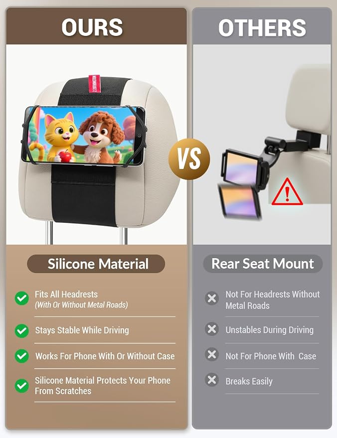 Silicone Car Phone Holder, Adjustable Phone Mount Holders for Your Car Headrest Compatible with iPhone 17 16 15 14 13 Pro Max and other 3.5 - 7 Inch Cell Phones Mount for Kids in Back Seats - Black
