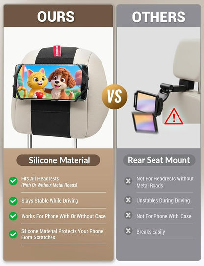 Silicone Car Phone Holder, Adjustable Phone Mount Holders for Your Car Headrest Compatible with iPhone 17 16 15 14 13 Pro Max and other 3.5 - 7 Inch Cell Phones Mount for Kids in Back Seats - Black