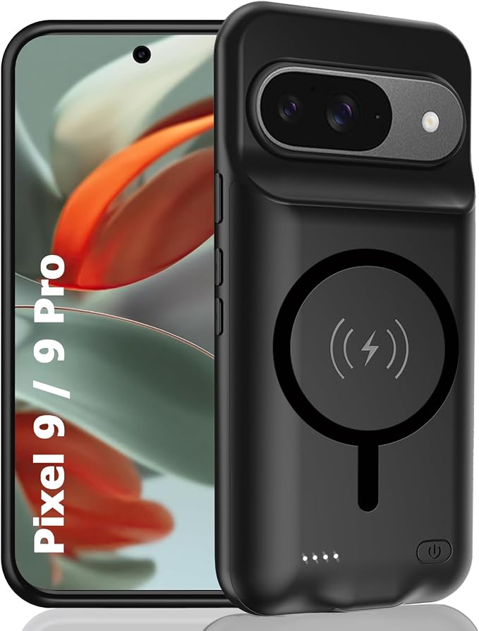 Battery Case for Pixel 9/9 Pro,10000mAh Portable Protective Smart Wireless Charging Case Support Carplay Compatible with Pixel 9/9 Pro(6.3 inches)Rechargeable Extended Battery Charger Cover(Black)