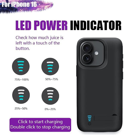 Battery Case for iPhone 16, 5000mAh Rechargeable Extended Battery Charging/Charger Case, Add 100% Extra Juice (6.1 Inches) Black