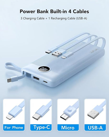 VRURC Portable Charger for iPhone, Built in 4 Cables Power Bank 10000mAh | Compact USB C Charging Bank 5 Outputs for Multi Devices,Travel Essential for Hiking Camping Business Cruise Ship-Blue