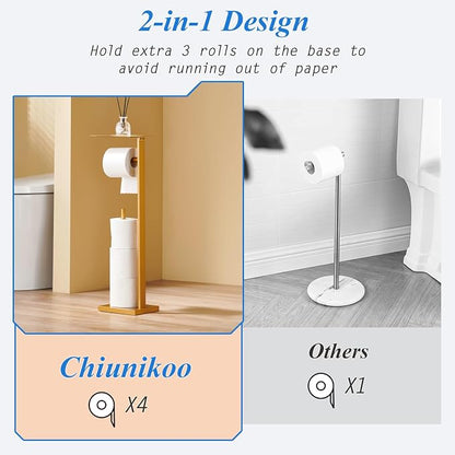 Freestanding Toilet Paper Holder Stand with Storage Tray – Gold Stainless Steel Bathroom Tissue Dispenser, Square Design