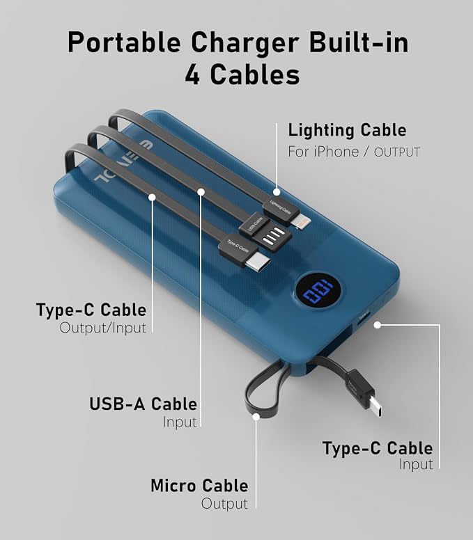 Portable Charger with Built in Cables, Slim 10000mAh Power Bank, USB C Battery Pack Travel, 4 Output 2 Input External Charging Bank for iPhone 17/16/15/14/13,Samsung, Android, etc-Blue(1 Pack)