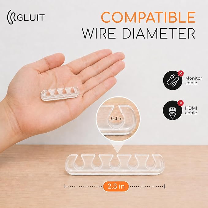 GLUIT Cord Organizer for Desk, Cable Holder for Nightstand, Charger Organizer, Adhesive Desktop Wire Clips, Multislot Cable Management, Table Organizer Accessories - 5 Pack, 15 Slots, Transparent