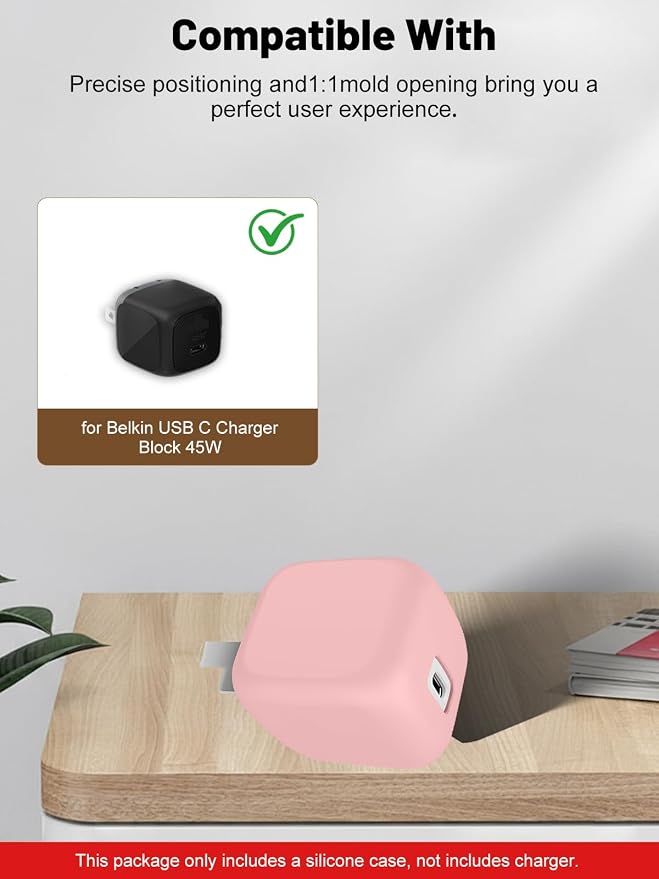 Silicone Protective Case for Belkin 45W USB C Charger Block, Full-Body Protective Cover with Precise Cutouts, Shockproof Dustproof Charging Protector Sleeve & Scratch-Resistant Sleeve (Pink)