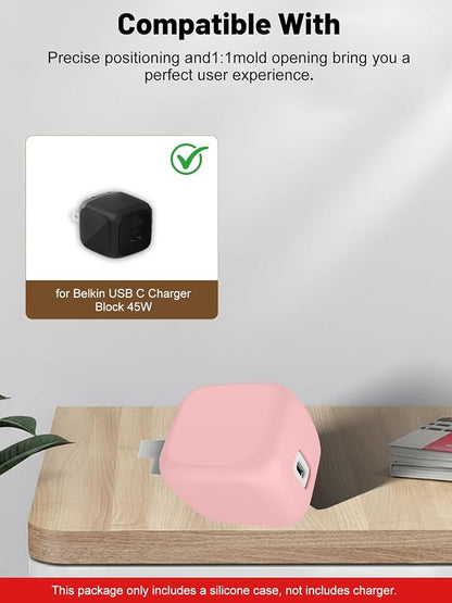 Silicone Protective Case for Belkin 45W USB C Charger Block, Full-Body Protective Cover with Precise Cutouts, Shockproof Dustproof Charging Protector Sleeve & Scratch-Resistant Sleeve (Pink)