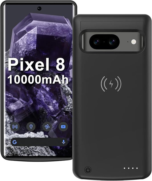 10000mAh Wireless Charging Case for Google Pixel 8, High Capacity Portable Rechargeable Battery Case Qi Wireless Charging Pixel 8 Extended Battery Charger Cover for Google Pixel 8A Black