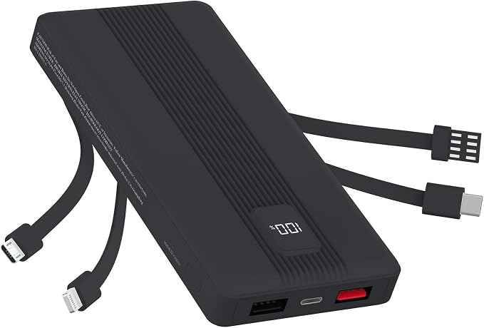 10000mAh Portable Charger with 4 Built-in Cables, 22.5W Fast Charging Power Bank, LED Display, Slim Travel Battery Pack for iPhone 17/16/15/14, Samsung Galaxy, iPad & More